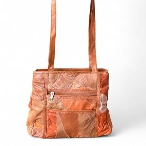 Brown and orange patchwork leather shoulder bag